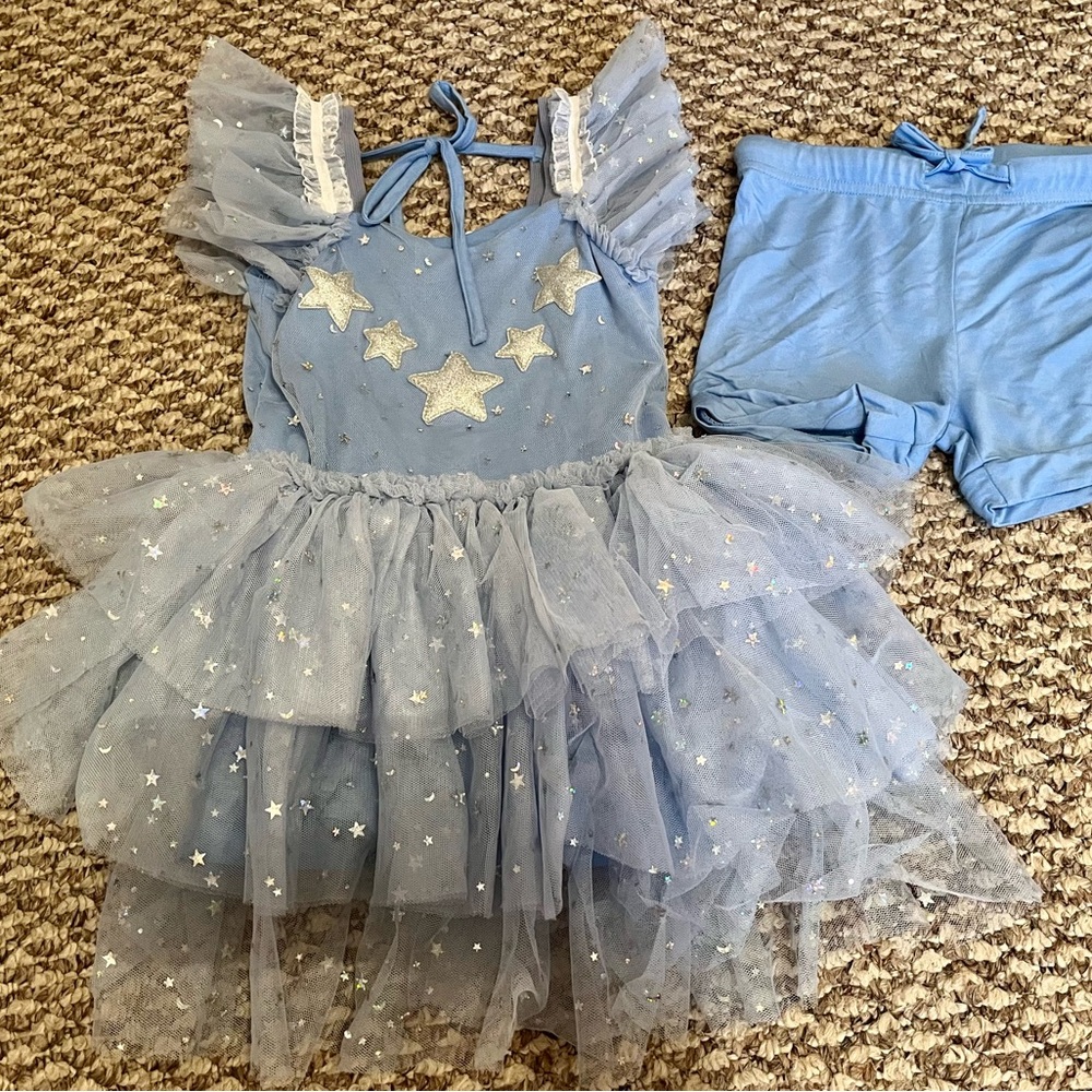 Girls' Blue Star Tulle Party Dress with Shorts